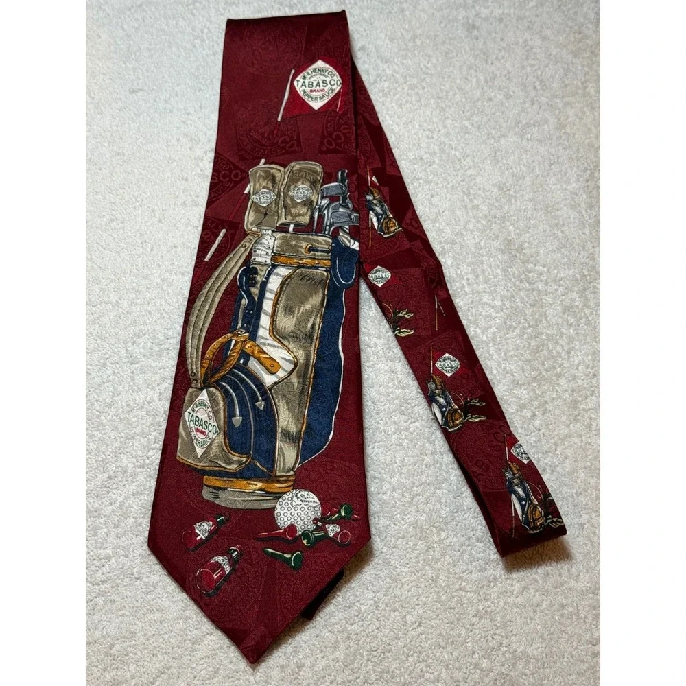 Tabasco Mens Silk Tie Burgundy Golf Bag Clubs Novelty Made in USA WPL 4075